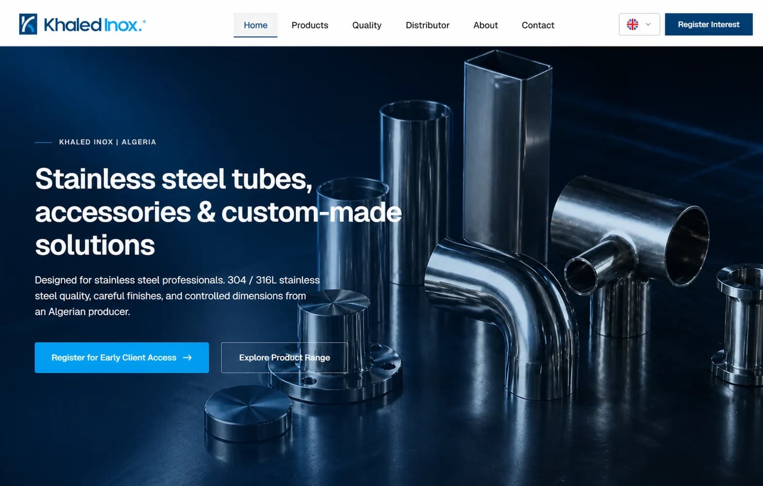 Khaled Inox homepage showing the business website and lead entry path.