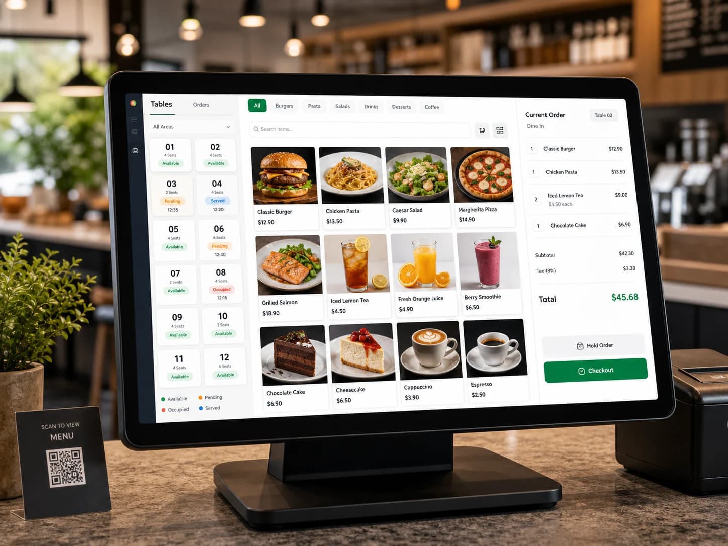 Restaurant POS sales screen for order entry and checkout.